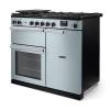 Angled view of Rangemaster Professional 100 Misty Blue Range Cooker showing contemporary styling