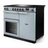 Angled view of Rangemaster Professional 100 Misty Blue Range Cooker showing contemporary styling
