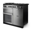 Angled view of Rangemaster Professional 100 Stainless Steel Range Cooker showing contemporary styling