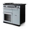 Angled view of Rangemaster Professional 90 Misty Blue Range Cooker showing contemporary styling
