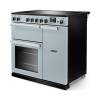 Angled view of Rangemaster Professional 90 Misty Blue Range Cooker showing contemporary styling