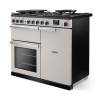 Angled view of Rangemaster Professional Deluxe 100 Ivory Range Cooker showing contemporary styling