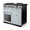 Angled view of Rangemaster Professional Deluxe 100 Misty Blue Range Cooker showing contemporary styling
