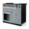 Angled view of Rangemaster Professional Deluxe 100 Misty Blue Range Cooker showing contemporary styling
