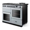 Angled view of Rangemaster Professional Deluxe 110 Misty Blue Range Cooker showing contemporary styling