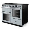 Angled view of Rangemaster Professional Deluxe 110 Misty Blue Range Cooker showing contemporary styling