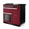 Angled view of Rangemaster Professional Deluxe 90 Bordeaux Range Cooker showing contemporary styling