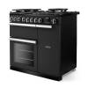 Angled view of Rangemaster Professional Deluxe 90 Charcoal Black Range Cooker showing contemporary styling