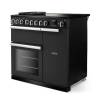 Angled view of Rangemaster Professional Deluxe 90 Charcoal Black Range Cooker showing contemporary styling