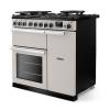 Angled view of Rangemaster Professional Deluxe 90 Ivory Range Cooker showing contemporary styling