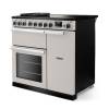 Angled view of Rangemaster Professional Deluxe 90 Ivory Range Cooker showing contemporary styling