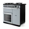 Angled view of Rangemaster Professional Deluxe 90 Misty Blue Range Cooker showing contemporary styling