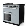Angled view of Rangemaster Professional Deluxe 90 Misty Blue Range Cooker showing contemporary styling