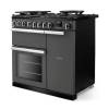Angled view of Rangemaster Professional Deluxe 90 Slate Range Cooker showing contemporary styling