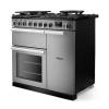 Angled view of Rangemaster Professional Deluxe 90 Stainless Steel Range Cooker showing contemporary styling