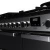 Close-up of Rangemaster EDDL90DFGBLKCM1 control panel and black glass finish with chrome detailing