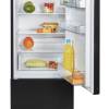 Front open view of NordMende RFF60405BL fridge freezer in black finish