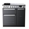 Front view of Rangemaster EDDL90EIGBLKCM1 Edge Deluxe 90cm induction range cooker with ovens and LED controls
