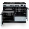 Front view of Rangemaster Professional 110 Misty Blue Dual Fuel Range Cooker showing oven doors and controls