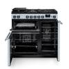 Front view of Rangemaster Professional 90 Misty Blue Dual Fuel Range Cooker showing oven doors and controls