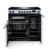 Front view of Rangemaster Professional 90 Misty Blue Induction Range Cooker showing oven doors and controls