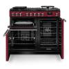 Front view of Rangemaster Professional Deluxe 100 Bordeaux Dual Fuel Range Cooker showing oven doors and controls