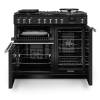 Front view of Rangemaster Professional Deluxe 100 Charcoal Black Dual Fuel Range Cooker showing oven doors and controls