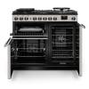 Front view of Rangemaster Professional Deluxe 100 Ivory Dual Fuel Range Cooker showing oven doors and controls