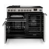 Front view of Rangemaster Professional Deluxe 100 Ivory Induction Range Cooker showing oven doors and controls