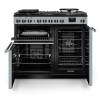Front view of Rangemaster Professional Deluxe 100 Misty Blue Dual Fuel Range Cooker showing oven doors and controls