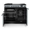 Front view of Rangemaster Professional Deluxe 100 Misty Blue Induction Range Cooker showing oven doors and controls