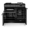 Front view of Rangemaster Professional Deluxe 100 Slate Dual Fuel Range Cooker showing oven doors and controls