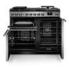 Front view of Rangemaster Professional Deluxe 100 Stainless Steel Dual Fuel Range Cooker showing oven doors and controls