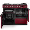 Front view of Rangemaster Professional Deluxe 110 Bordeaux Dual Fuel Range Cooker showing oven doors and controls