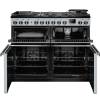 Front view of Rangemaster Professional Deluxe 110 Misty Blue Dual Fuel Range Cooker showing oven doors and controls