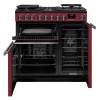 Front view of Rangemaster Professional Deluxe 90 Bordeaux Dual Fuel Range Cooker showing oven doors and controls