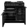 Front view of Rangemaster Professional Deluxe 90 Charcoal Black Dual Fuel Range Cooker showing oven doors and controls