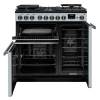 Front view of Rangemaster Professional Deluxe 90 Misty Blue Dual Fuel Range Cooker showing oven doors and controls
