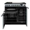 Front view of Rangemaster Professional Deluxe 90 Misty Blue Induction Range Cooker showing oven doors and controls