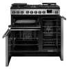 Front view of Rangemaster Professional Deluxe 90 Stainless Steel Dual Fuel Range Cooker showing oven doors and controls