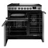 Front view of Rangemaster Professional Deluxe 90 Stainless Steel Induction Range Cooker showing oven doors and controls