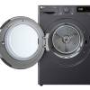 LG FDV709GN tumble dryer with door open showing stainless steel drum