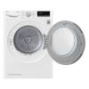 LG FDV709W tumble dryer with door open showing stainless steel drum