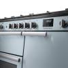 Rangemaster Professional 100 Misty Blue Dual Fuel Range Cooker close-up view of control knobs and LED touch display fascia