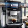 Siemens TQ717GB3 side profile showing milk frother and coffee spout