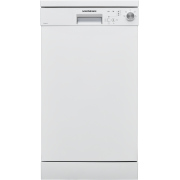 Front view of NordMende DW49WH 45cm freestanding dishwasher in white