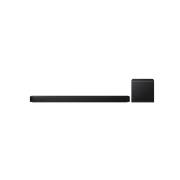 Front view of Samsung HW-Q800F soundbar and subwoofer in black