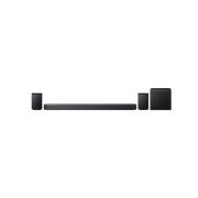 Front view of Samsung Q930F soundbar with subwoofer and rear speakers