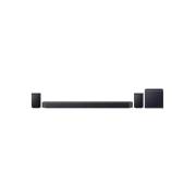 Front view of Samsung Q990F soundbar system with subwoofer and rear speakers