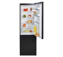 Front open view of NordMende RFF60405BL fridge freezer in black finish